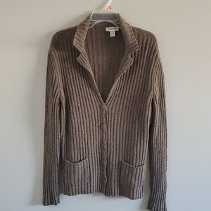 Vintage Calvin Klein Taupe Ribbed Brown Long Wool Blend V-Neck Cardigan Sz L